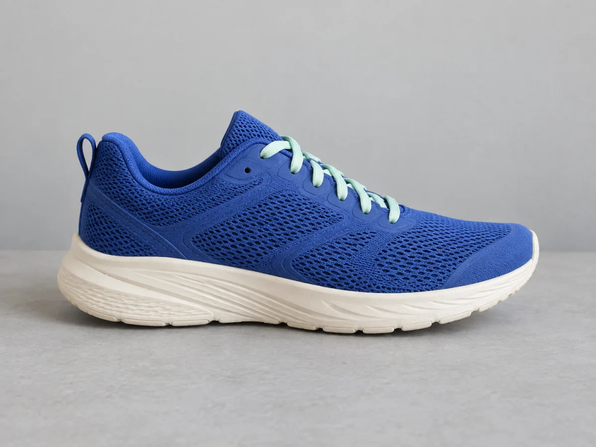 Blue sneaker on a plain grey surface